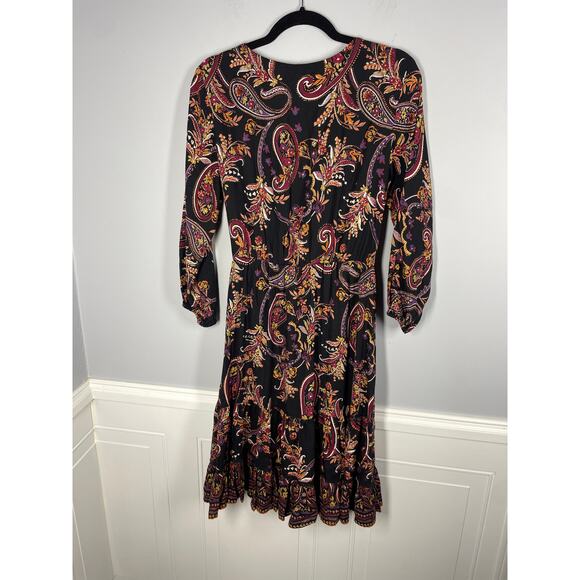 Lola B, Size Small, Brown & Orange Boho Maxi Dress, Paisley, Wrap, Crochet Trim - Picture 5 of 6